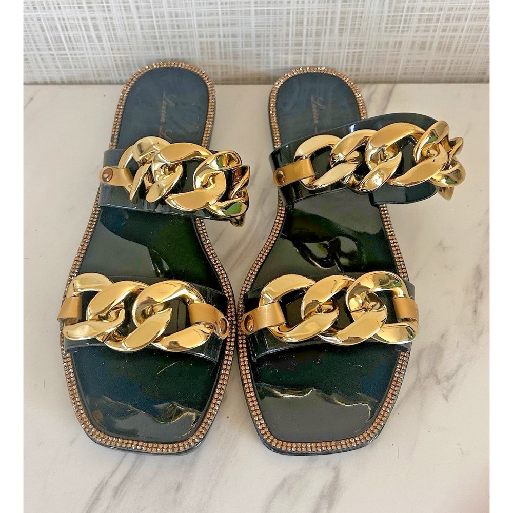 Black Crystal Embellished Gel Flat Sandal Lauren Lorraine Sz 6.5 Chan Slides